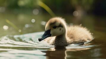 a momento uma gosling leva Está primeiro mergulho para dentro uma lagoa foto