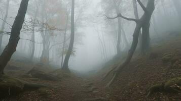 a estranho silêncio do uma coberto de névoa floresta foto