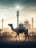 eid al adha Mubarak cumprimento com camelo e mesquita, eid Mubarak foto