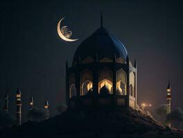 ornamental árabe lanterna com queimando vela brilhando às noite. muçulmano piedosos mês Ramadã kareem foto