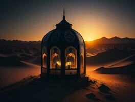 ornamental árabe lanterna com queimando vela brilhando às noite. muçulmano piedosos mês Ramadã kareem foto