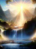fantasia retrato Visão com montanhas rio cascata Sol raios gerado de ai foto