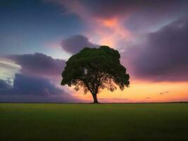 gramíneo panorama com uma árvore crescendo debaixo uma nublado céu gerado de ai foto