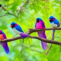 colorida pássaros canoros sentado em ramo com frondoso borrado ramificado fundo gerado de ai foto