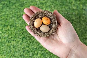 ovos de Páscoa em um ninho natural com ovos de pássaros em uma mão feminina em um fundo de grama verde. vista de cima foto