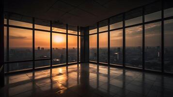 ampla esvaziar aberto espaço escritório ou apartamento loft Alto subir construção com vidro janela cercar isto com cidade Visão lindo tarde cidade pôr do sol. ai gerado foto