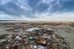 lixo a garrafa de plástico do mar da praia fica na praia e polui o mar e a vida da vida marinha derramado lixo na praia da cidade grande. esvaziar garrafas de plástico sujas usadas foto