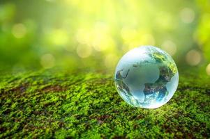 um homem com um globo de vidro conceito dia terra salve o mundo salve o meio ambiente o mundo está na grama do fundo verde bokeh