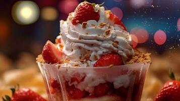 bolo com morango uma de dar água na boca morango sundae com açoitado creme e granulados, capturado fechar-se durante a dourado hora, gerado por IA foto