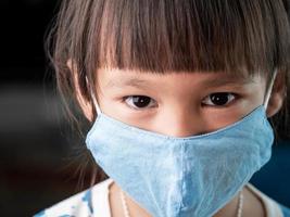 menina criança asiática usando máscara facial para protegê-la da infecção por coronavírus, doença e poluição do ar de pm2.5. novo comportamento normal. foto
