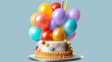 colorida balão com aniversário bolo 3d Projeto foto