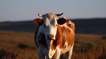 branco-vermelho vaca carrinhos dentro uma campo às pôr do sol, borrado fundo. gerado ai foto