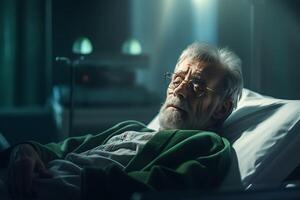 retrato do Senior homem deitado em hospital cama e ouvindo para música ai gerado foto