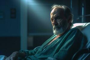 retrato do uma Senior homem sentado dentro uma hospital cama às noite ai gerado foto
