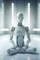 humanóide robô é relaxante fazendo ioga atividade meditação , generativo ai foto