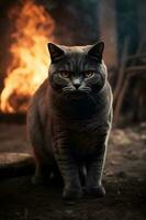 britânico curto cabelo cinzento gato com afiado olhos e legal dentro frente do fogo fundo , generativo ai foto