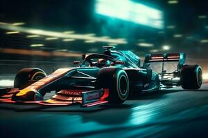 foto panning Fórmula 1 carros ultrapassando cada de outros em a asfalto rastrear com néon , generativo ai