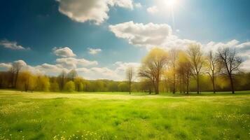 Visão Primavera natureza com uma ordenadamente aparado gramado cercado de árvores , generativo ai foto