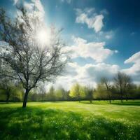 Visão Primavera natureza com uma ordenadamente aparado gramado cercado de árvores , generativo ai foto
