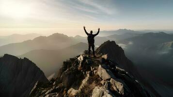 alpinista a comemorar sucesso em topo do montanha , generativo ai foto