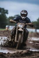 motocross raça dentro turvar sujeira arena , generativo ai foto