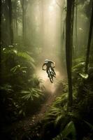 montain bicicleta corrida em tropical floresta , generativo ai foto