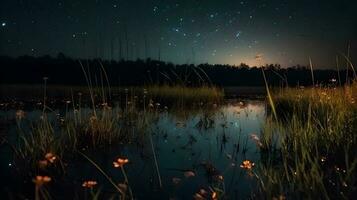 vagalumes dentro uma Prado de a lago às noite , generativo ai foto