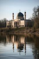 Visão do a magnífico mesquita a partir de a Beira do a lago , generativo ai foto