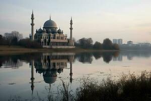 Visão do a magnífico mesquita a partir de a Beira do a lago , generativo ai foto