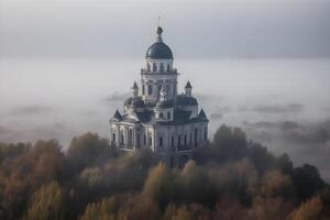 clássico Igreja em uma céu ilha coberto dentro nuvens , generativo ai foto