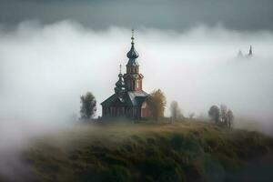 clássico Igreja em uma céu ilha coberto dentro nuvens , generativo ai foto
