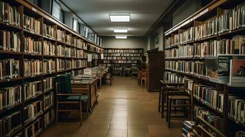 velho biblioteca interior com livros em prateleiras , generativo ai foto