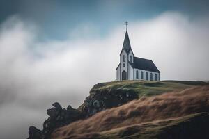 clássico Igreja em uma céu ilha coberto dentro nuvens , generativo ai foto