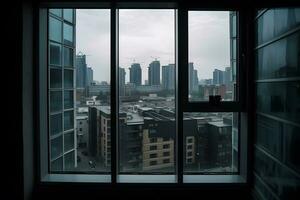 Visão do urbano edifícios a partir de apartamento janela , generativo ai foto