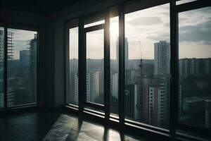 Visão do urbano edifícios a partir de apartamento janela , generativo ai foto
