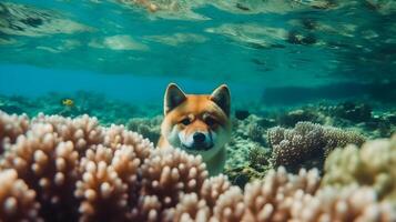 Shiba inu cachorro é mergulho dentro a mar preenchidas com coral recifes , generativo ai foto