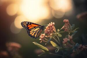 ai gerado elegante monarca borboleta empoleirado em uma flor dentro uma sereno jardim com uma nebuloso nascer do sol dentro a fundo foto