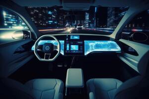 ai gerado moderno inteligente carro tecnologia inteligente sistema. navegador em carro painel. inteligente carro interior conceito com moderno toque telas às noite tempo. dentro a estilo do cyberpunk, hdr, moderno. foto