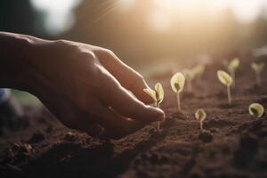 ai gerado plantio plantinha com mãos, foco às plantinha. foto