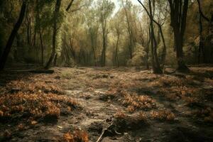 ai gerado exuberante floresta sofrimento a partir de uma prolongado seca, com murcha folhas e ressecado solo. foto