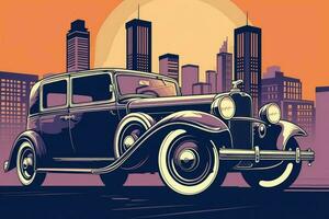 ai gerado retro carro clipart com cidade fundo. ilustração desenho animado. foto