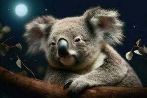 ai gerado sonolento pequeno coala aninhado dentro uma eucalipto árvore, com uma estrelado noite céu e uma brilhante cheio lua dentro a fundo. foto