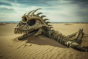 ai gerado colossal Dragão esqueleto deitar meio enterrado dentro a deserto areias, uma assustador lembrete do a poder este uma vez governou a terra. foto