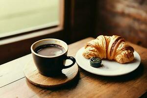 caloroso café e recentemente cozido pão em rústico tabela, generativo ai foto
