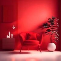 acolhedor moderno vivo quarto interior com vermelho armchr e decoração quarto em uma vermelho ou branco parede fundo, ai gerado foto