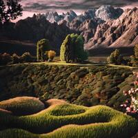 agrícola panorama com flores, árvores, e montanhas durante pôr do sol, enfatizando naturezas tranquilidade e beleza, ai gerado foto