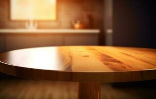 esvaziar de madeira área coberta mesa sobre borrado caloroso bokeh fundo para produtos foto