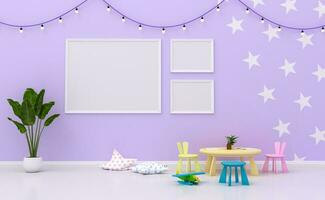 zombar acima crianças quarto interior decorado, parede dentro criança quarto com cenário quadro, 3d Renderização foto