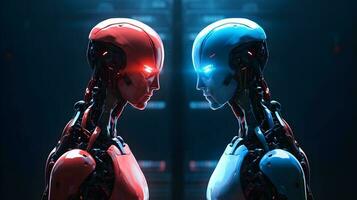 concorrência do ai artificial inteligência tecnologia o negócio conceito, vermelho e azul ai artificial inteligência humanóide robô boxe face fora uma competidor dentro uma boxe corresponder, generativo ai ilustração foto