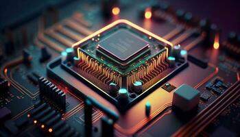 microchip CPU tecnologia o circuito borda fundo. futurista lasca processador código em azul tecnologia fundo, generativo ai ilustração foto
